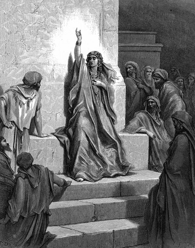Debora, hebreisk profetissa som räddade sitt folk från Jabin, Kanaans kung, och hans general Sisera och sjöng hennes triumfsång. Domare 5:1. 1200-talet f.Kr. Ur Gustave Dores illustrerade bibel 1866. Trästick. av Gustave (after) Dore