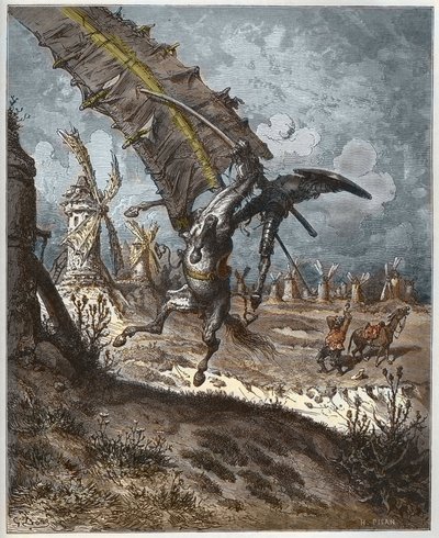 Don Quijote och väderkvarnarna från "Don Quixote de la Mancha" av Miguel Cervantes (1547-1616) (Don Quijote) - graverad av Heliodore Joseph Pisan (1822-90) efter teckning av Gustave Dore av Gustave (after) Dore