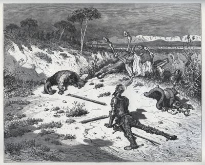 Don Quijotes moraliserande över otacksamhet - från "Don Quixote de la Mancha" av Miguel Cervantes (1547-1616) (Don Quijote) - Träsnitt efter teckning av Gustave Dore av Gustave (after) Dore