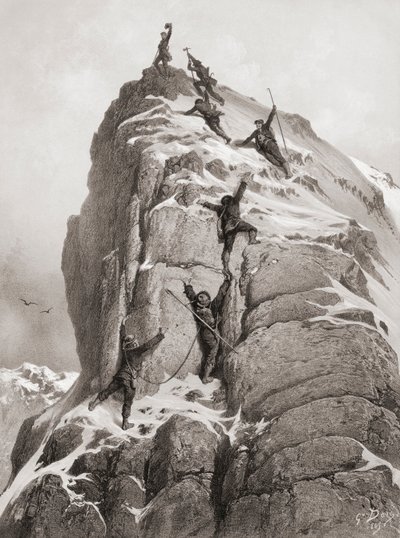 Första bestigningen av Matterhorn (gravyr) av Gustave (after) Dore