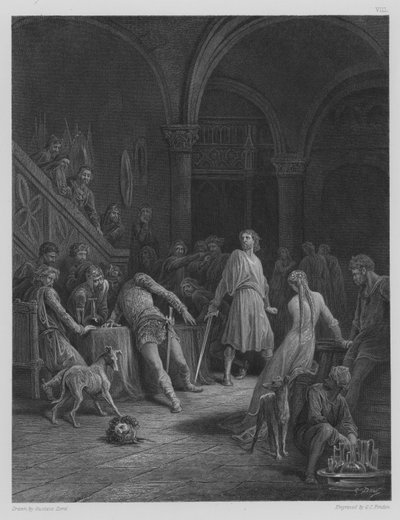 Geraint dödar Earl Doorm, illustration från Tennysons "Idylls of the King", ca 1878 (gravyr) av Gustave (after) Dore