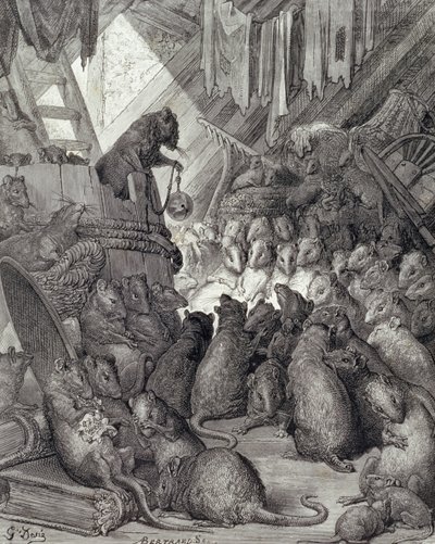 Rådet som hålls av råttorna, från fablerna i La Fontaine, graverade av Antoine Valerie Bertrand (f.1823) c.1868 (gravyr) av Gustave (after) Dore