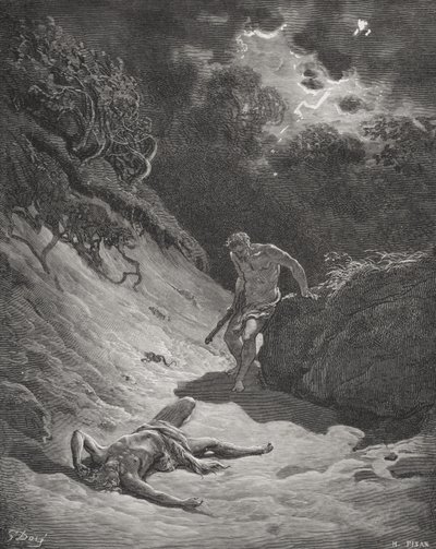 Abels död, 1 Mosebok 4:6-13, illustration från Dores "The Holy Bible", graverad av Pisan av Gustave (after) Dore