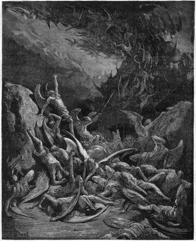 Det förlorade paradiset: de fallna änglarna. Från teckningen av Gustave Dore som illustrerar "Paradise Lost" av John Milton (1608-1674) engelsk poet. Gravyr från 1867. Privat samling av Gustave (after) Dore