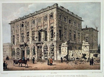 Cafe Amitie och Old Hotel du Prince Frederic, Bryssel, efter striderna 23-26 september 1830, graverade av Jean Baptiste Madou (1796-1877) (färgad gravyr) av Gustave Adolphe (after) Simoneau