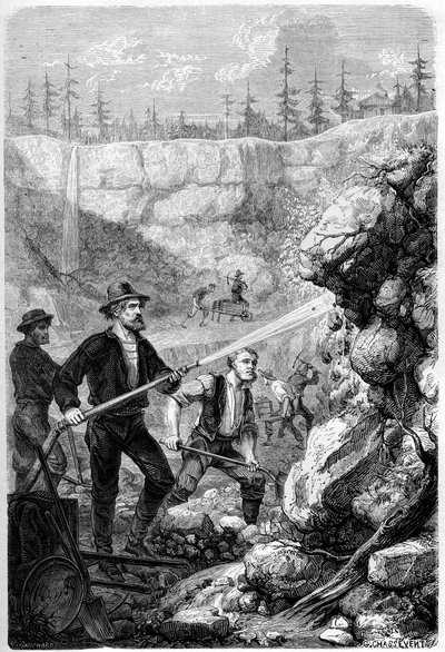 Hydraulic Mining, Kalifornien, 1859. av Gustave Adolphe Chassevent-Bacques