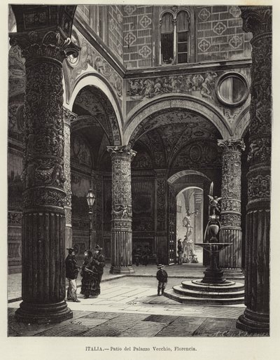 Italien - Gården till Palazzo Vecchio, Florens av Gustave Bauernfeind