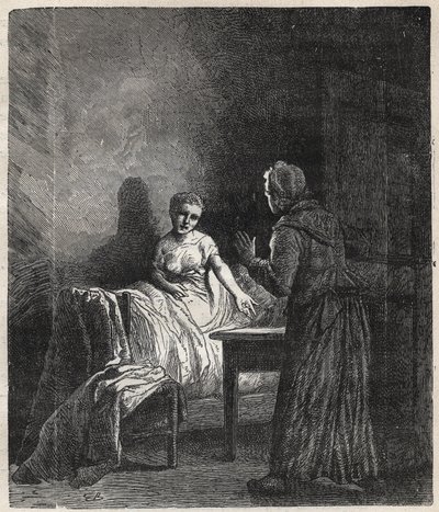 Marguerite går in i Fantines rum och Fantine visar honom två Napoleoner (mynt) som kan rädda Cosette, hans dotter - Illustration av Gustave Brion (1824-1877) för "The Miserables - First part: Fantine" av Victor Hugo (1802-1885) 1862 av Gustave Brion