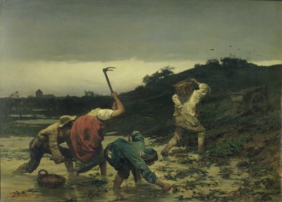 Bönder som skördar potatis under floden i Rhen 1852 av Gustave Brion