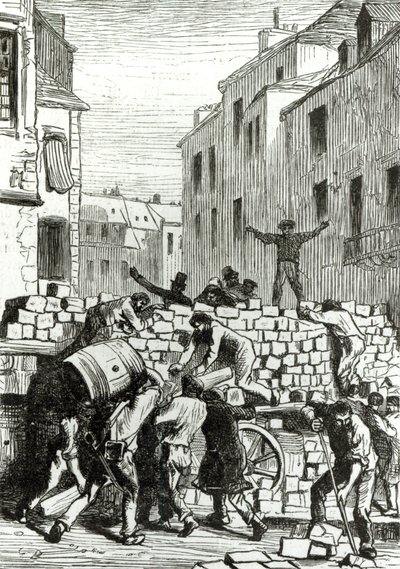 Barrikaden, illustration från "Les Miserables" av Victor Hugo (1802-85) av Gustave Brion