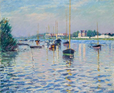 Franska: Bateaux au mouillage sur la Seine à Argenteuil Båtar förtöjda på Seine vid Argenteuil av Gustave Caillebotte