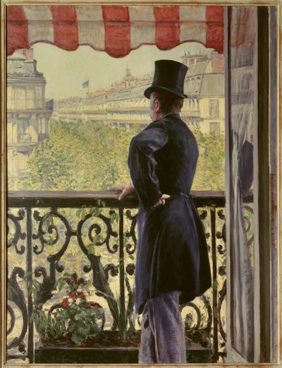 Mannen på balkongen En elegant man i hög hatt vilar på räcket till en balkong på de stora parisiska boulevarderna. Målning av Gustave Caillebotte (1848-1894) 1880 sön. 0,86 x 1,14 m. Privat samling - Mannen på balkongen. En smart man i hög hatt le av Gustave Caillebotte