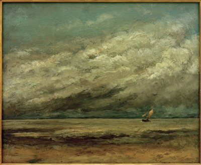 Segelbåt nära kusten, stormig himmel av Gustave Courbet