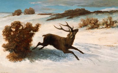 Hjort som springer i snön. av Gustave Courbet