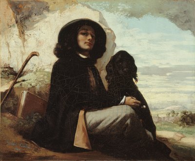 Franska:  Autoportrait dit Courbet au chien noir Självporträtt med en svart hund av Gustave Courbet