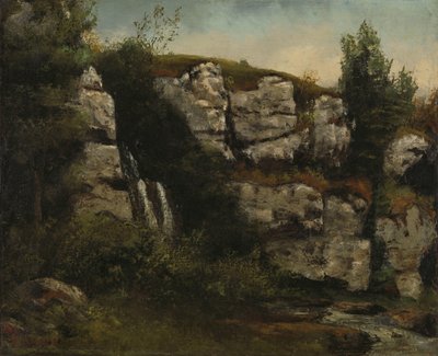 Landskap med klippiga klippor och ett vattenfall av Gustave Courbet