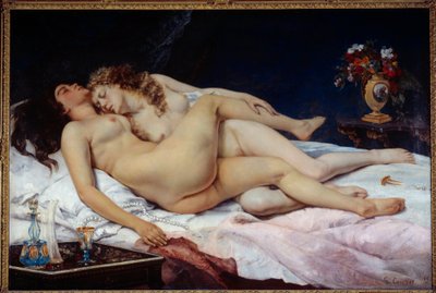 Sova. Två nakna kvinnor kramades i en säng av Gustave Courbet