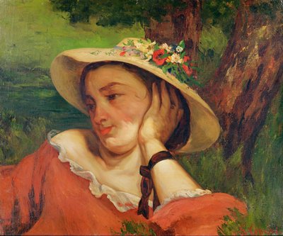 Kvinna i stråhatt med blommor, ca 1857 av Gustave Courbet