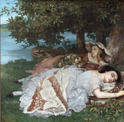 Unga damer på stranden av Seine av Gustave Courbet