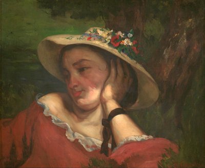 Unga damer på stranden av Seinen - fragment av en målning (kvinna med blommor på hatten) av Gustave Courbet