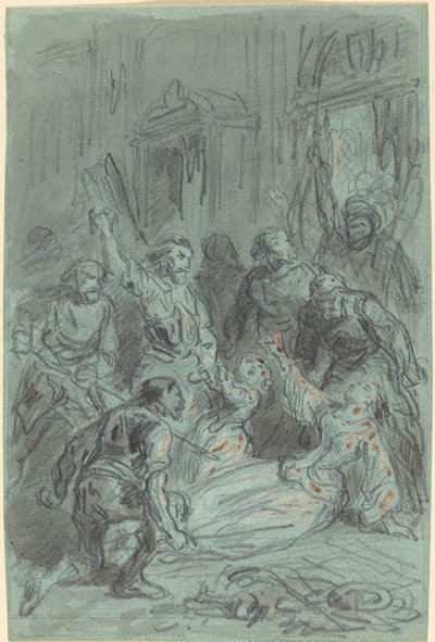 En dramatisk scen med en kvinna som svimmar av Gustave Dore