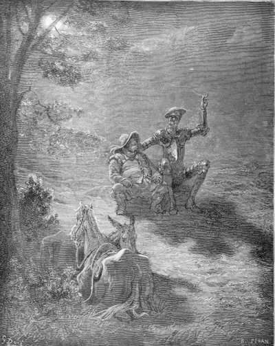 Ett nattligt samtal, ur "Don Quijote de la Mancha" av Miguel Cervantes (1547-1616), graverat av Heliodore Joseph Pisan (1822-90) ca 1868. av Gustave Dore