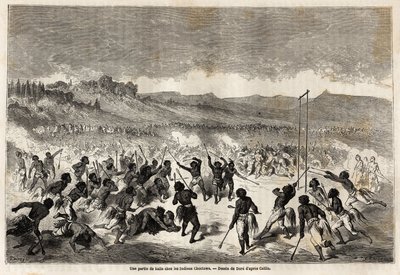 Ett bollspel bland Choctaws-indianerna, stammen i Mississippi-regionen, ritat av Gustave Dore (1832-1883), för att illustrera Mississippi-resan till Stilla havet 1853-54 av Baudouin Mollhausen (1825-1905). Gravyr i "" Le tour du monde, nouveau j av Gustave Dore