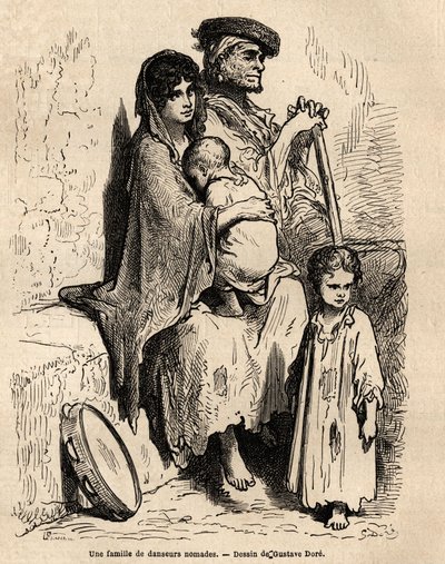 En familj av nomaddansare som vilar på Sevillas gator. Skiss tagen live av Gustave Dore (1832-1883). Gravyr för att illustrera resan i Spanien, 1862 av Charles Davillier och Gustave Dore, i "Le tour du monde, nouveau journal des voyag av Gustave Dore