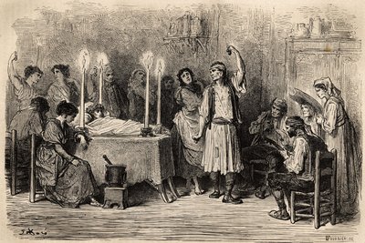En begravningsdans, under bårhusets dag i Jijonas (provinsen Alicante). Skiss tagen live av Gustave Dore (1832-1883). Gravyr för att illustrera resan i Spanien, 1862 av Charles Davillier och Gustave Dore, i "Le tour du monde, nouveau jour av Gustave Dore
