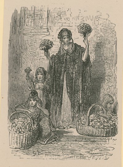 En grupp unga kvinnor som säljer blommor från korgar av Gustave Dore