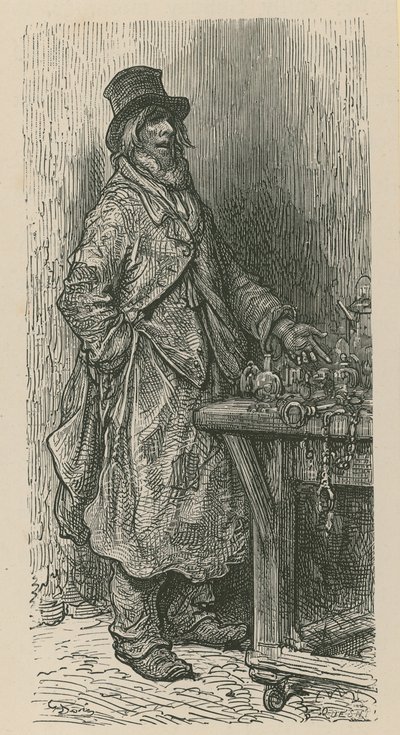 En man står och säljer sina varor från ett marknadsstånd av Gustave Dore