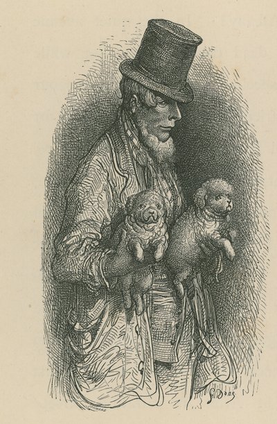 En man som bär en hatt medan han håller två hundar i sina händer av Gustave Dore