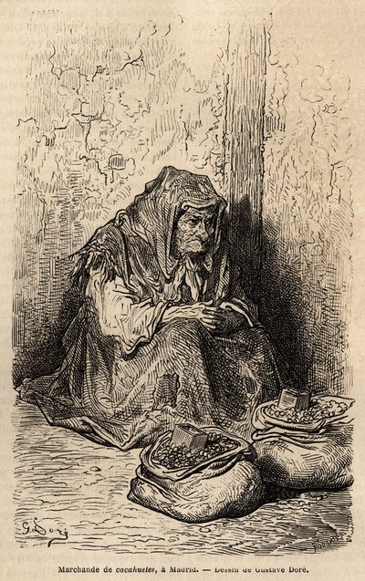 En jordnötshandlare, skiss på live i puerta del sol, i Madrid. Gravyr av Gustave Dore (1832-1883) för att illustrera hans resa till Spanien, med Ch. Davillier (redaktör), 1862, publicerad i "" Le tour du monde""" 1869, redigerad av Edouard Charton, Hachet av Gustave Dore