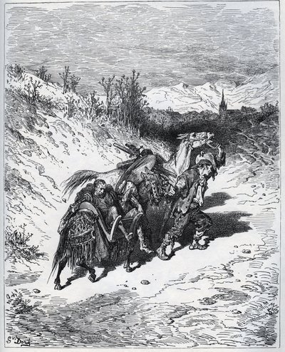 En plöjare för Don Quijote och Rossinante tillbaka till byn - från "Don Quixote de la Mancha"" av Miguel Cervantes av Gustave Dore