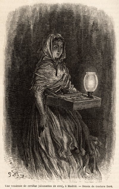 En försäljare av vaxtändstickor, skissar live i puerta del sol, i Madrid. Gravyr av Gustave Dore (1832-1883) för att illustrera hans resa till Spanien, med Ch. Davillier (redaktör), 1862, publicerad i "" Le tour du monde""" 1869, redigerad av Edouard Chart av Gustave Dore