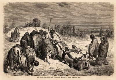 En trupp av tiggare och handikappade, en veritabel domstol av mirakel, är på väg mot en flit för att be om almon i närheten av Almuradiel (Manchaprovinsen). Teckning av Gustave Dore (1832-1883). Gravyr för att illustrera resan i Spanien, 1862 av Charles av Gustave Dore