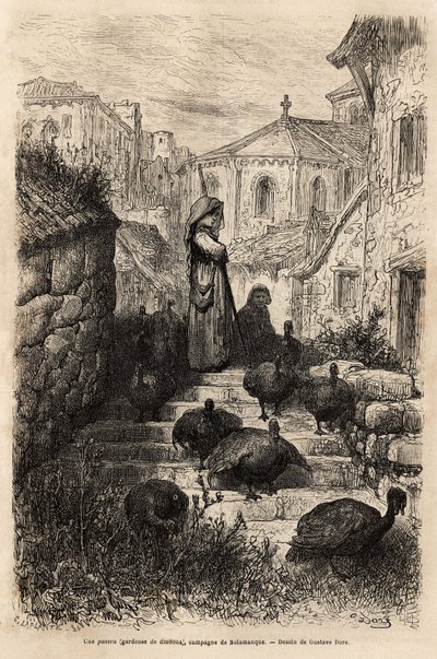 En kalkonskötare, på gatorna i en by på landsbygden i Salamanca. Teckning av Gustave Dore (1832-1883). Gravyr för att illustrera resan i Spanien, av Charles Davillier, 1862, publicerad i "" Le tour du monde""" 1872, redigerad av Edouard Chart av Gustave Dore