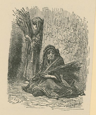 En kvinna och en ung flicka säljer torra blommor av Gustave Dore