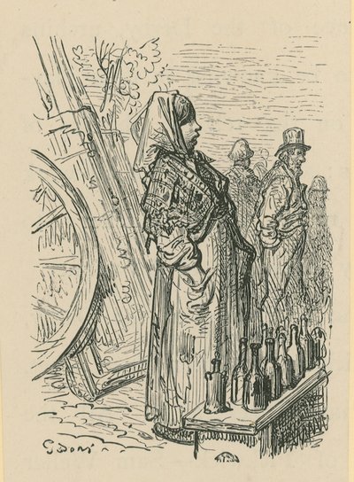 En kvinna som säljer glasflaskor av Gustave Dore