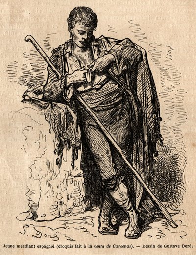 En ung tiggare, a la vente de Cardenas, ett värdshus på vägen till Almaden (provinsen av kanalen). Skiss tagen live av Gustave Dore (1832-1883). Gravyr för att illustrera resan i Spanien, 1862 av Charles Davillier och Gustave Dore, i "Le tour d av Gustave Dore