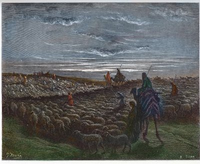 Abraham på resa in i Kanaans land - Abram bosatte sig i Kanaans land - gravering i "The Bible illustree" av Gustave Dore (1832-1883) - Gravyr från "" The Dore Bible" av Gustave Dore