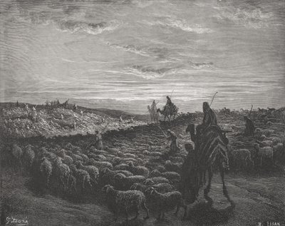 Abraham på resa in i Kanaans land, 1 Mosebok 13:1-4, illustration från Dores 