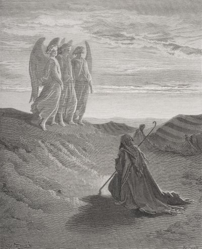 Abraham och de tre änglarna, illustration från Dores "The Holy Bible", graverad av Ligny, 1866 av Gustave Dore