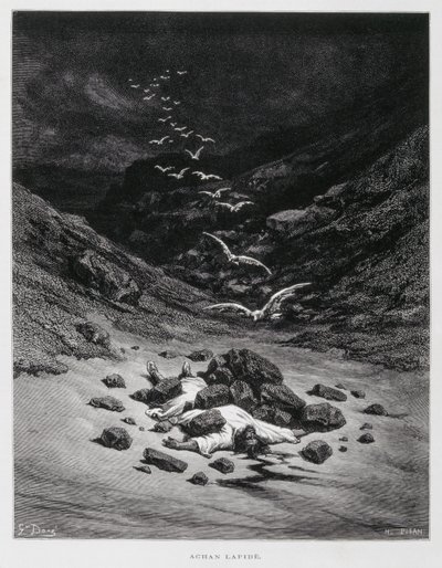 Akan stenas till döds (Jos. 7:1,10-26), Illustration från Dore-bibeln av Gustave Dore