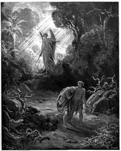 Adam och Eva jagas från paradiset - Illustration av Gustave Dore för The Bible - av Gustave Dore