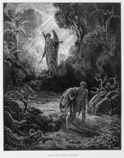 Adam och Eva förvisas från Edens lustgård av en ängel, illustration från Dore-bibeln av Gustave Dore