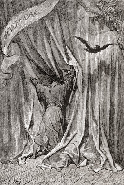 Efter en teckning av Gustave Dore till Edgar Allan Poes dikt Korpen. Ur Life and Reminiscences of Gustave Dore, publicerad 1885. av Gustave Dore