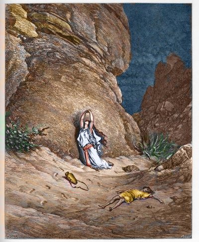 Agar (Hagar) och hennes son Ismail (Ishmael), i öknen efter att ha blivit utdrivna av Abraham - Agar (Hagar) och son Ismael (Ismael), i öknen efter att ha blivit jagade av Abraham - gravering i "" Bibeln illustree"" av Gustave Dore (1832-1883) - Gravyr fr av Gustave Dore