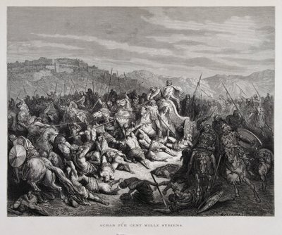 Ahab kämpar mot assyrierna i slaget vid Qarqar , Illustration från Dore-bibeln av Gustave Dore