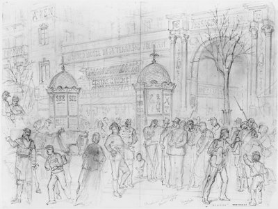 Album of the Siege of Paris, Boulevard Montmartre, januari 1871 (penna och brunt bläcktvätt och penna på papper) av Gustave Dore